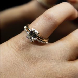 Emerald Cut Moissanite Engagement Ring Set